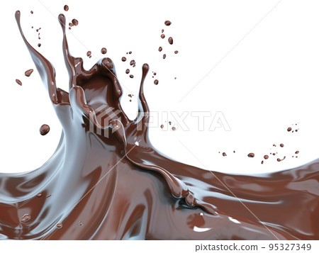 Splash of hot chocolate, sauce or syrup, cocoa drink or choco cream, melted chocolate wave, abstract background dessert, illustration food, isolated 3d rendering 95327349
