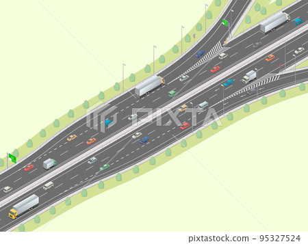 An image near the entrance and exit of a Japanese expressway drawn by isometric projection (green area) 95327524