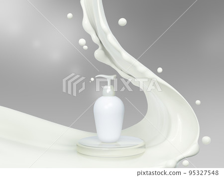 Milk cosmetics, skin care cosmetic product, body lotion in white bottle with silver dispenser in milk splash. 3d rendering. Liquid soap. Milk cosmetics, skin care cosmetic product, body lotion in white bottle with silver dispenser in milk splash. 3d rendering. Liquid soap. 95327548