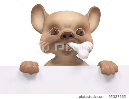 Puppy bulldog in mouth bone with poster, isolated 3d rendering 95327565