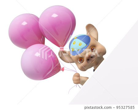 Cartoon character puppy dog with balloon behind poster 3d rendering Cartoon character puppy dog with balloon behind poster 3d rendering 95327585