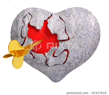 Broken stone heart with red inside it, and Cupid's arrow, 3d rendering 95327639