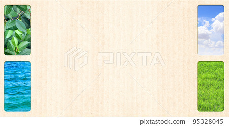 Nature resource and cardboard texture. Horizontal banner with eco paper texture and grass, sky, water Nature resource and cardboard texture. Horizontal banner with eco paper texture and grass, sky, water 95328045
