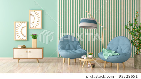 Interior design of modern living room with two armchairs, coffee table with books , 3d rendering 95328651