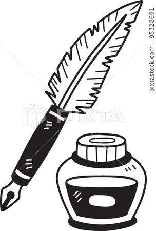Hand Drawn Ink bottle and nib illustration 95328691