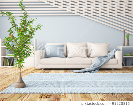 Interior design of modern living room in blue color, with white sofa and plants, 3d rendering Interior design of modern living room in blue color, with white sofa and plants, 3d rendering 95328815