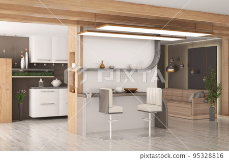 Interior design of modern living room with sofa and kitchen 3d rendering 95328816