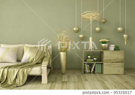 Interior design of modern living room in green, with sofa and golden plaid, 3d rendering 95328817