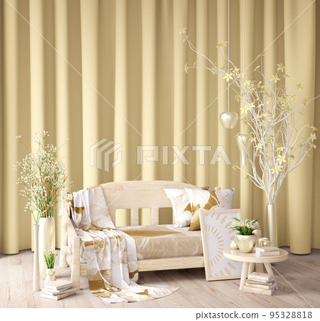 Modern interior design with wooden bench and yellow curtain and coffee table with decor, 3d rendering 95328818