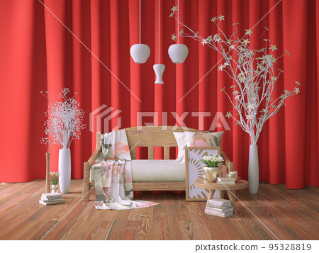 Modern interior design with wooden bench and red curtain, coffee table with decor, 3d rendering 95328819