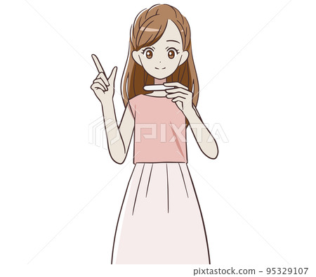 A woman holding a pregnancy test and pointing her index finger up A woman holding a pregnancy test and pointing her index finger up 95329107