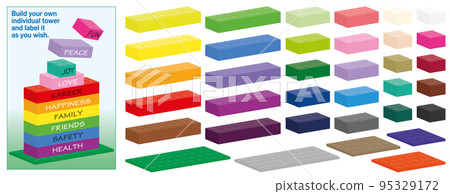 Plastic building blocks kit, colored individual parts to put together and label it with catchwords listed hierarchically. Isolated vector illustration on white background. 95329172