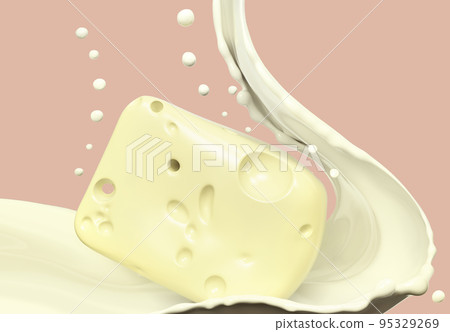 Triangles of goat milk cheese on a splash of milk illustration 3d rendering. Triangles of goat milk cheese on a splash of milk illustration 3d rendering. 95329269