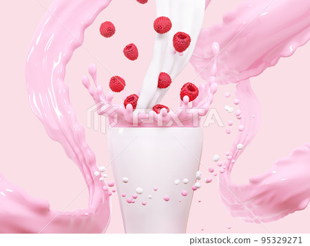 Fresh fruit yogurt splash with ripe raspberries. Healthy breakfast meal label design or advertising element with yogurt, cream, milk and raspberries. 3d rendering illustration 95329271