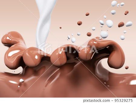 Pouring milk into hot melted milk chocolate sauce or syrup, pouring chocolate wave or flow splash, cocoa drink or cream, abstract dessert background, choco splash, drink dessert, 3d rendering Pouring milk into hot melted milk chocolate sauce or syrup, pouring chocolate wave or flow splash, cocoa drink or cream, abstract dessert background, choco splash, drink dessert, 3d rendering 95329275