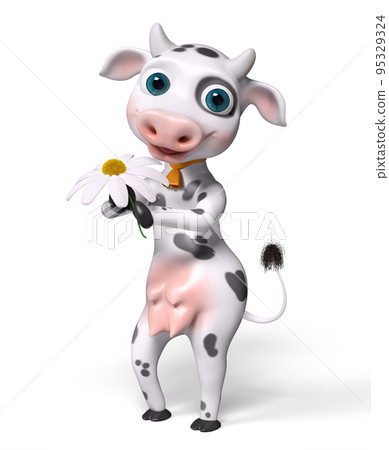 Cartoon cow holds chamomile in hands isolated, 3d rendering Cartoon cow holds chamomile in hands isolated, 3d rendering 95329324