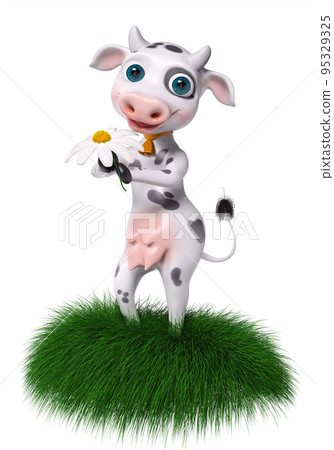 Cartoon cow holds chamomile in hands isolated, 3d rendering Cartoon cow holds chamomile in hands isolated, 3d rendering 95329325