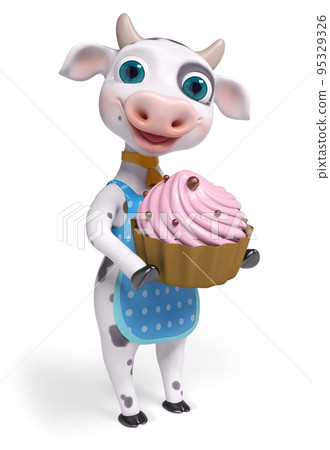 Cartoon character cow, holds cake in hands , 3d rendering Cartoon character cow, holds cake in hands , 3d rendering 95329326