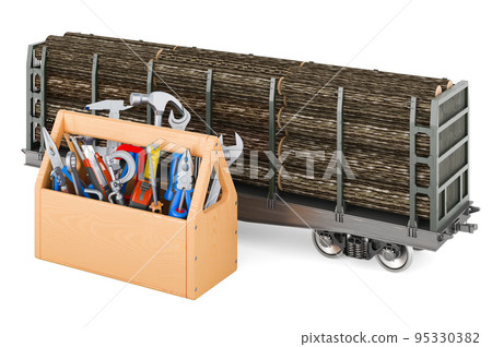 Freight wagon with wooden logs with tool box, 3D rendering 95330382