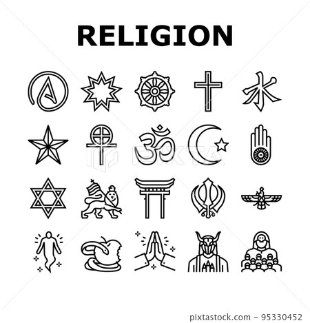 Religion, Prayer Cult And Atheism Icons Set Vector 95330452