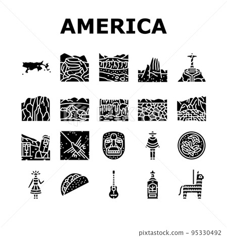 South America Scape And Tradition Icons Set Vector South America Scape And Tradition Icons Set Vector 95330492