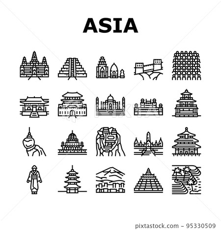 Asia Building And Land Scape Icons Set Vector 95330509