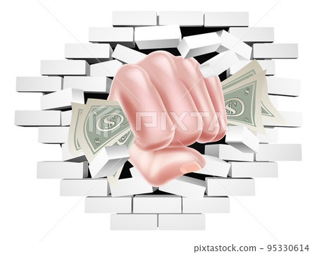 Money Fist Hand Holding Cash Punching Through Wall Money Fist Hand Holding Cash Punching Through Wall 95330614