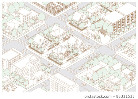 城市景觀的三維視圖 城市景觀 線描插圖。 城市景觀的三維視圖 城市景觀 線描插圖。 95331535