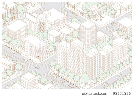 Three-dimensional view of the townscape. Cityscape. Line drawing illustration. Three-dimensional view of the townscape. Cityscape. Line drawing illustration. 95331536