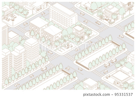 Three-dimensional view of the townscape. Cityscape. Line drawing illustration. 95331537