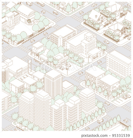 Three-dimensional view of the townscape. Cityscape. Line drawing illustration. 95331539