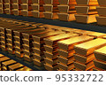 Gold bars stacked on shelves 95332722