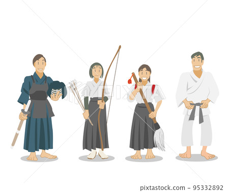 Kyudo, Kendo. Young people practicing judo and calligraphy Kyudo, Kendo. Young people practicing judo and calligraphy 95332892