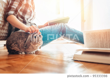 A woman is reading a book and stroking a rabbit sitting on her lap. Close-up of the animal's face. Concept of reading and relaxing 95333398