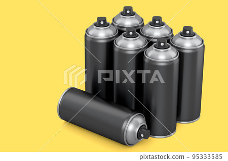 Set of spray paint cans on yellow background. Spray bottle and dispenser 95333585