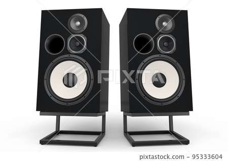 Hi-fi speakers with loudspeakers on stand on white background. Hi-fi speakers with loudspeakers on stand on white background. 95333604