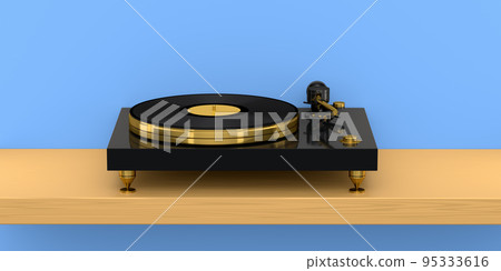 Vinyl record player or DJ turntable with retro vinyl disk on blue background. Vinyl record player or DJ turntable with retro vinyl disk on blue background. 95333616