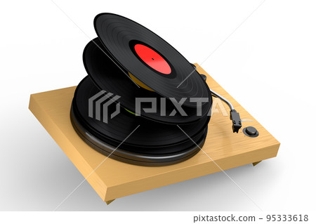 Vinyl record player or DJ turntable with flying vinyl plate on white background. Vinyl record player or DJ turntable with flying vinyl plate on white background. 95333618