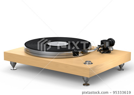 Vinyl record player or DJ turntable with retro vinyl disk on white background. Vinyl record player or DJ turntable with retro vinyl disk on white background. 95333619