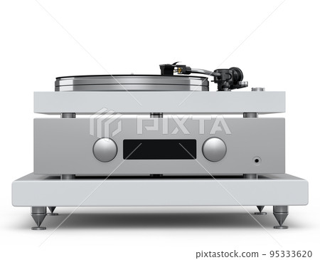 Vinyl record player or DJ turntable with retro vinyl disk on white background. 95333620