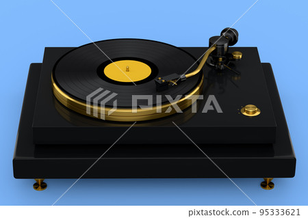Vinyl record player or DJ turntable with retro vinyl disk on blue background. Vinyl record player or DJ turntable with retro vinyl disk on blue background. 95333621