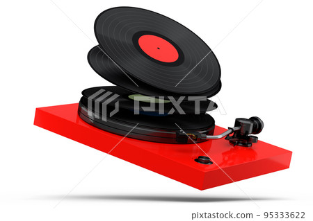 Vinyl record player or DJ turntable with flying vinyl plate on white background. Vinyl record player or DJ turntable with flying vinyl plate on white background. 95333622