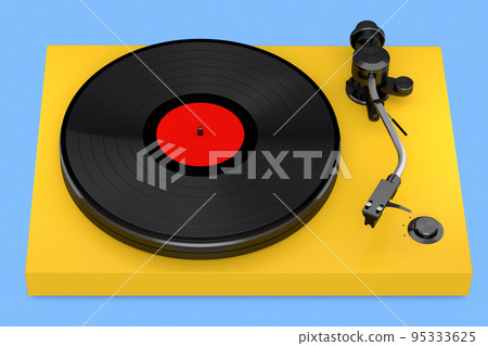 Vinyl record player or DJ turntable with retro vinyl disk on blue background. Vinyl record player or DJ turntable with retro vinyl disk on blue background. 95333625