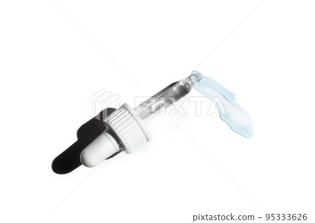 Face serum in transparent glass pipette. Natural oil, gel, cleaner isolated on white background. Cosmetics, healthcare concept. Dose of retinol. Monkeypox, coronavirus research. Web banner for design Face serum in transparent glass pipette. Natural oil, gel, cleaner isolated on white background. Cosmetics, healthcare concept. Dose of retinol. Monkeypox, coronavirus research. Web banner for design 95333626