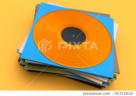 Black vinyl LP record with heap of covers isolated on yellow background. Black vinyl LP record with heap of covers isolated on yellow background. 95333628