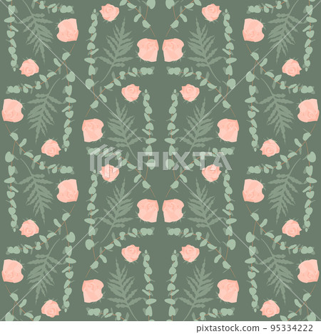 Boho seamless pattern with eucalyptus, rose blossoms and palm leaves 95334222
