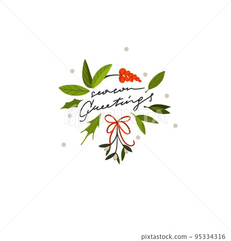 Hand drawn vector abstract graphic Merry Christmas and Happy new year clipart illustrations greeting card with flowers and Lettering.Merry Christmas cute floral card design background.Winter holiday. 95334316