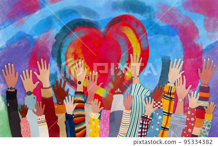 Group of diverse people with arms and hands raised towards a hand painted heart. Charity donation and volunteer work. Support and assistance. Multicultural and multiethnic community. People diversity 95334382