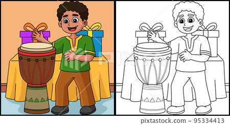Kwanzaa Boy Playing Djembe Coloring Illustration 95334413