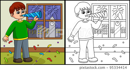 Boy Celebrating New Year Coloring Illustration Boy Celebrating New Year Coloring Illustration 95334414